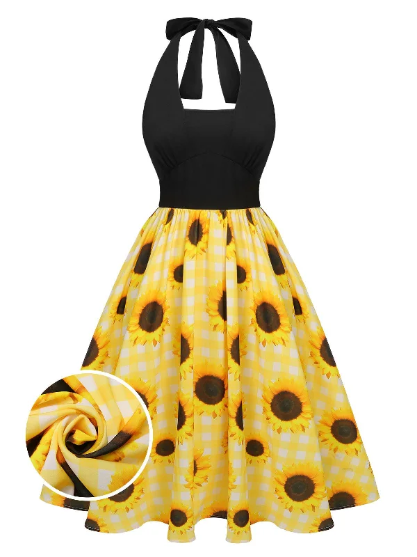 Off - the - Shoulder Women Dress for a Romantic and Feminine LookYellow 1950s Sunflower Plaid Halter Dress