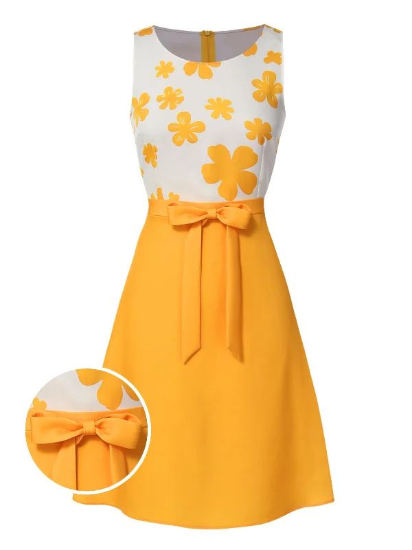 Ball Gown Women Dress with a Full Skirt for a Princess - like LookYellow 1960s Floral Bow Sleeveless Dress