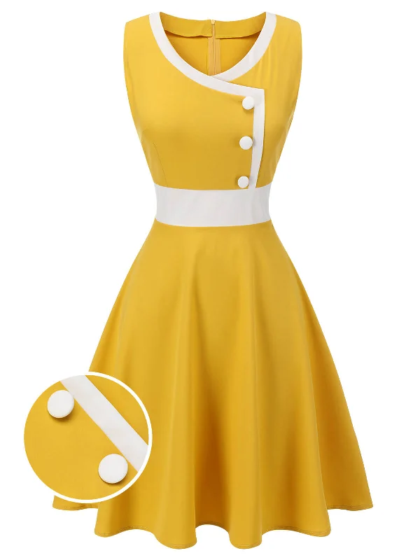 Ball Gown Women Dress with a Full Skirt for a Princess - like LookYellow & White 1940s Buttons Patchwork Dress