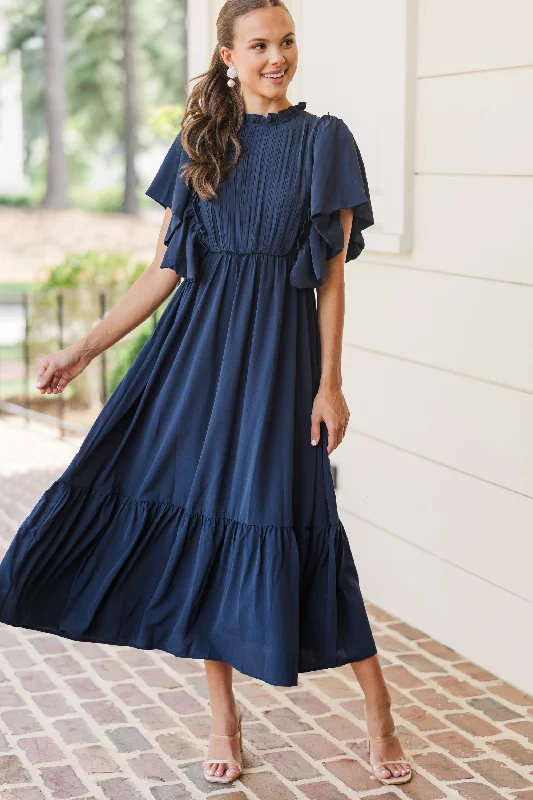 Long - Sleeve Women Dress in Velvet for a Luxurious Winter LookAll The Good Navy Blue Ruffled Midi Dress