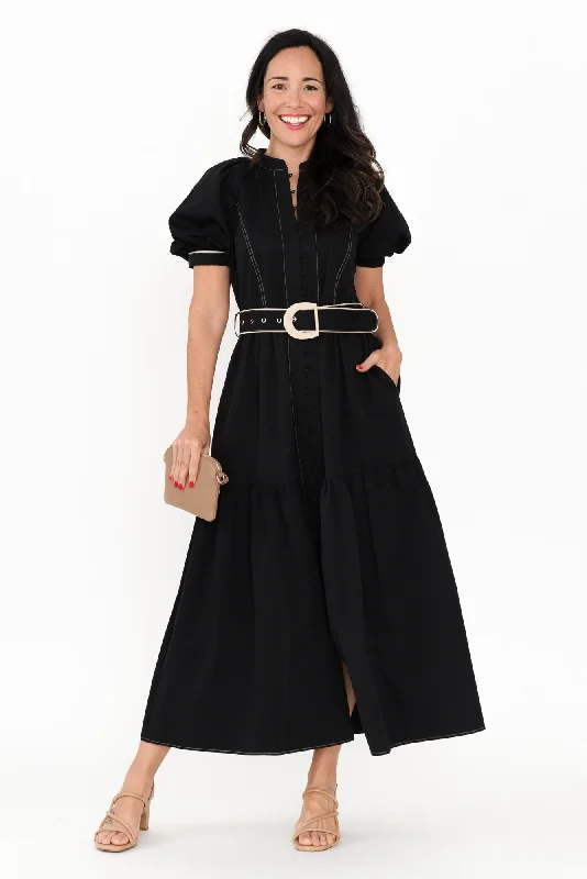 Plus Size Women Dress with a Flattering A - Line Cut for Comfort and StyleAmour Black Cotton Belted Dress