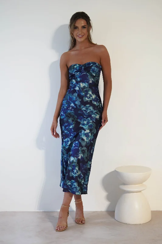 Lace - Embellished Women Dress for an Elegant and Sophisticated AppearanceAnziel Strapless Satin Midi Dress | Blue Print