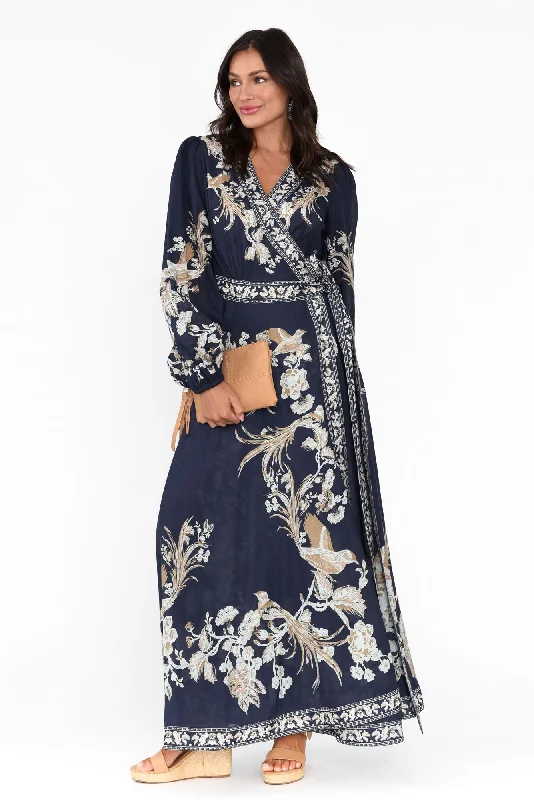 Ball Gown Women Dress with a Full Skirt for a Princess - like LookAphrodite Navy Floral Cotton Wrap Dress