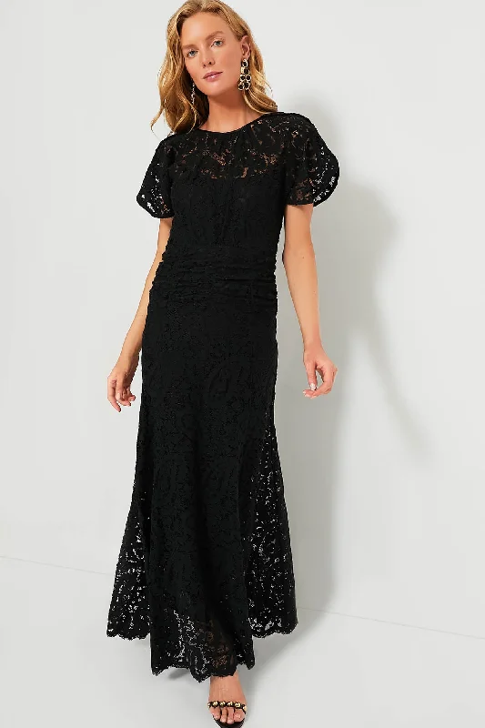 Ruffled Women Dress with Multiple Layers for a Playful and Girly StyleBlack Broderie Lace Maxi Dress