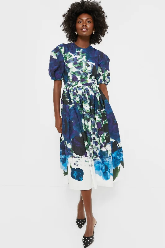 Printed Abstract Women Dress for a Modern and Artistic AppealBlue Short Sleeve A Line Midi Dress