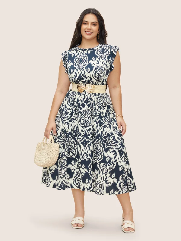 Shift Women Dress with a Simple and Classic Design for Everyday WearBoho Print Mock Neck Shirred Ruffle Cap Sleeve Dress