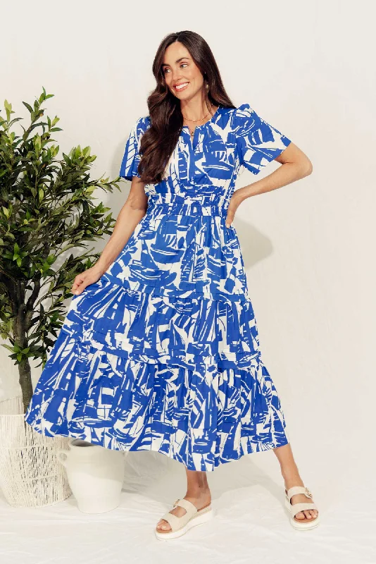 Off - the - Shoulder Women Dress for a Romantic and Feminine LookCannes Blue Geo Cotton Dress