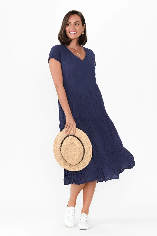 Halter Neck Women Dress to Show Off the Shoulders and NecklineCarmen Navy Crinkle Cotton Dress