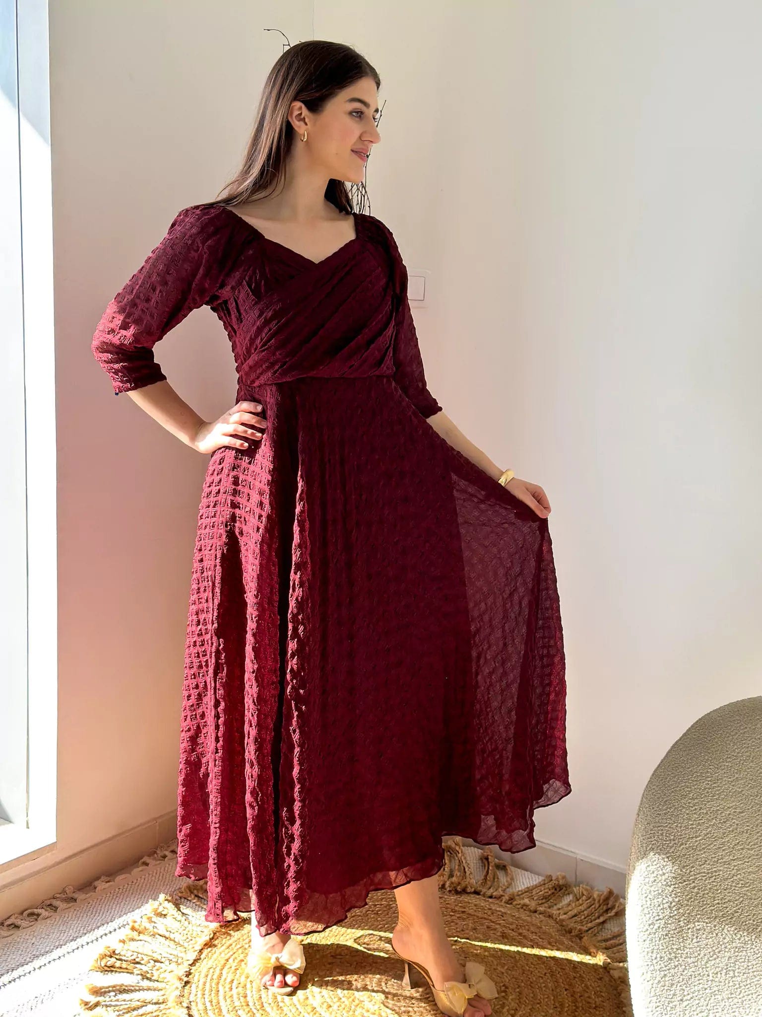 Lace - Embellished Women Dress for an Elegant and Sophisticated AppearanceCaroline Texture Dress - Maroon