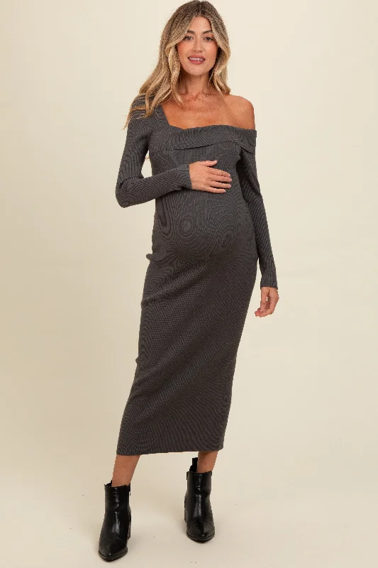 Pleated Women Dress with a Timeless and Elegant TextureCharcoal Foldover One Shoulder Maternity Maxi Sweater Dress