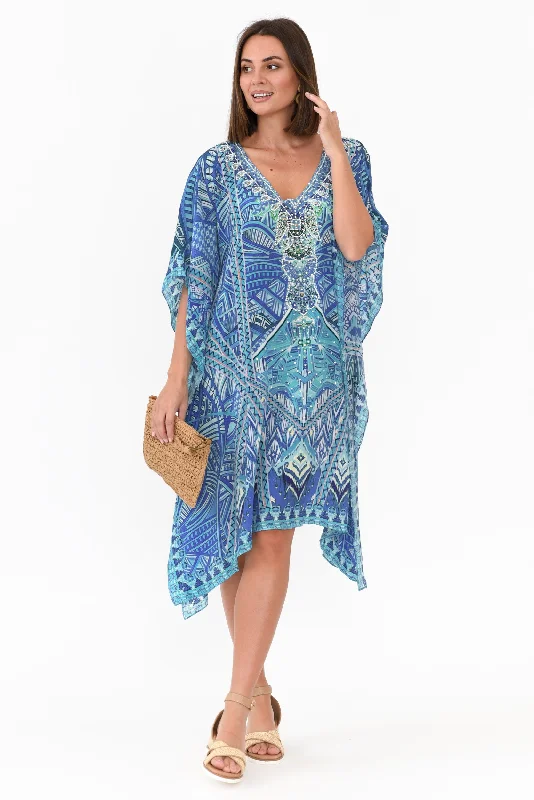 Backless Women Dress for a Sexy and Alluring Look at Evening EventsEmen Blue Silk Kaftan