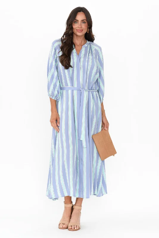 Plus Size Women Dress with a Flattering A - Line Cut for Comfort and StyleErina Blue Stripe Tie Dress