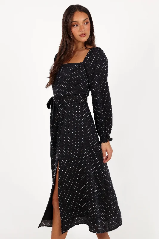 Sheath Women Dress with a Tailored Fit for a Professional LookEttie Long Sleeve Midi Dress - Black Polka Dot