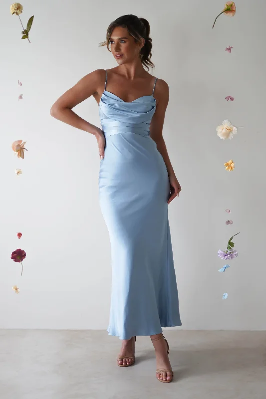 Strapless Women Dress with a Built - in Bra for Comfort and SupportEverleigh Soft Satin Midi Dress | Blue