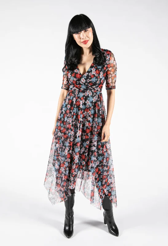 Long - Sleeve Women Dress in Velvet for a Luxurious Winter LookFloral Print Mesh Dress