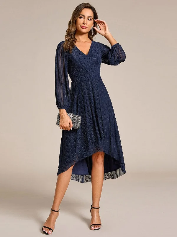 Ruffled Women Dress with Multiple Layers for a Playful and Girly StyleGlow Laura | Glitter Long Sleeve V-Neck A-Line Midi Wedding Guest Dress