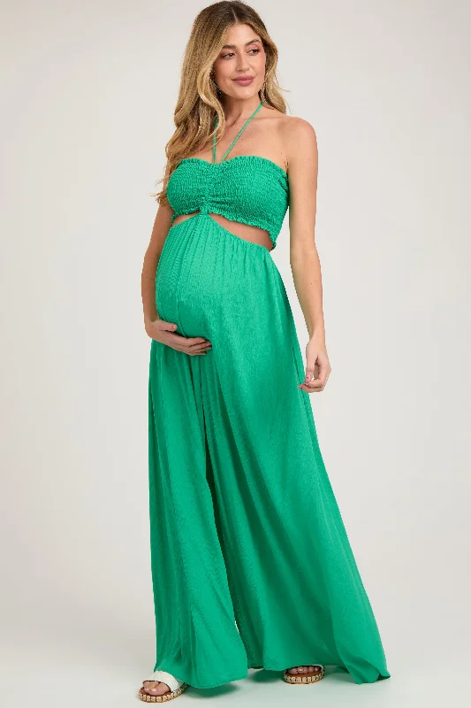 Backless Women Dress for a Sexy and Alluring Look at Evening EventsGreen Smocked Drawstring Halter Side Cutout Maternity Jumpsuit