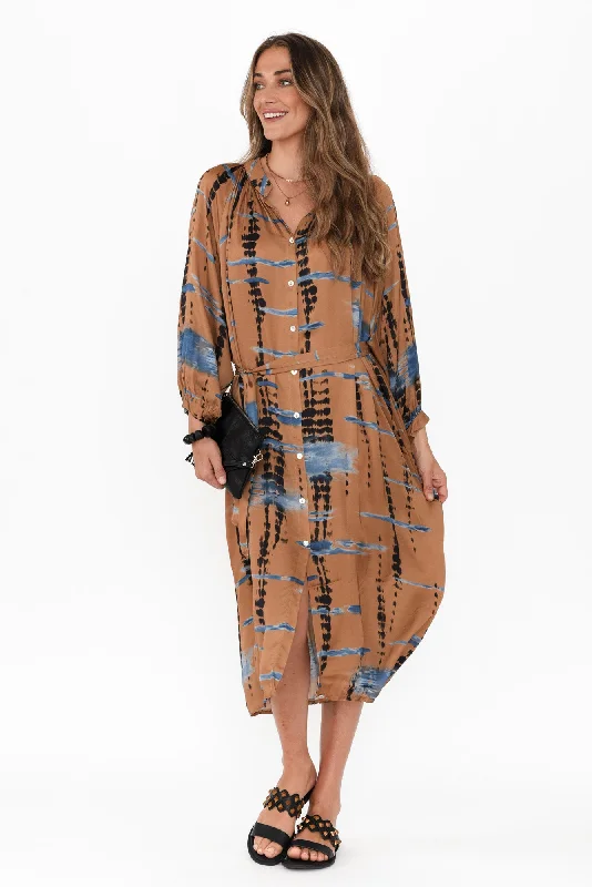 Ruffled Women Dress with Multiple Layers for a Playful and Girly StyleHills Tan Abstract Silk Blend Dress