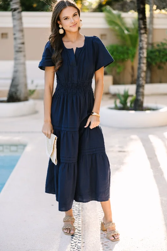 Off - the - Shoulder Women Dress for a Romantic and Feminine LookIt's In The Air Navy Blue Tiered Midi Dress