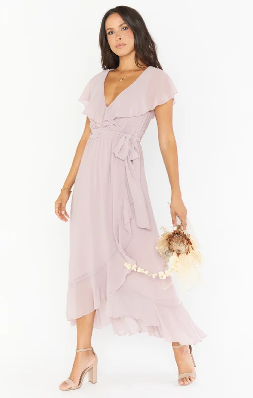 Off - the - Shoulder Women Dress for a Romantic and Feminine LookJess Ruffle Midi Dress ~ Neutral Mauve Chiffon