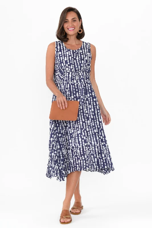 Ruffled Women Dress with Multiple Layers for a Playful and Girly StyleJolie Navy Speckle Crinkle Cotton Dress