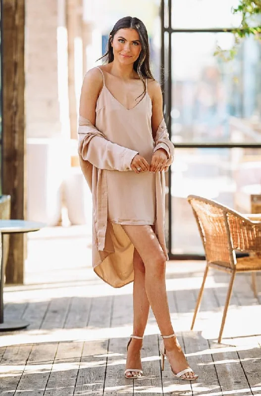 Sleeveless Women Dress in Bright Colors for Summer PartiesKeeping It business Dress and Button down Shirt Dress Set - Light Taupe