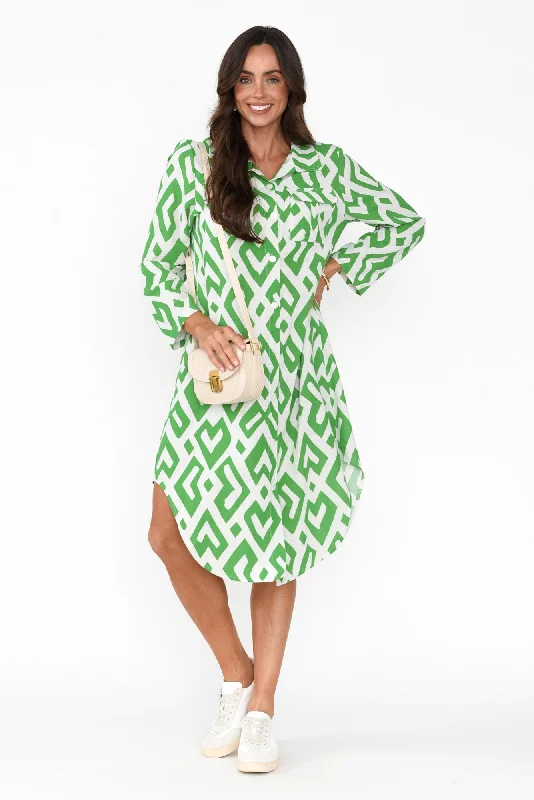 Printed Abstract Women Dress for a Modern and Artistic AppealKisley Green Geo Cotton Linen Dress