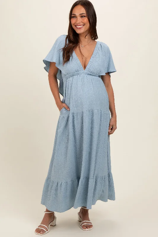 Empire Waist Women Dress to Accentuate the Bust and Conceal the WaistLight Blue Deep V-Neck Flutter Sleeve Tiered Maternity Midi Dress