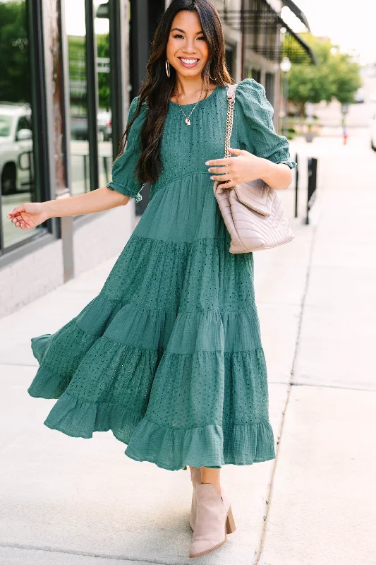 Mermaid - Style Women Dress with a Fitted Silhouette for Special OccasionsMaking Moves Spruce Green Eyelet Midi Dress