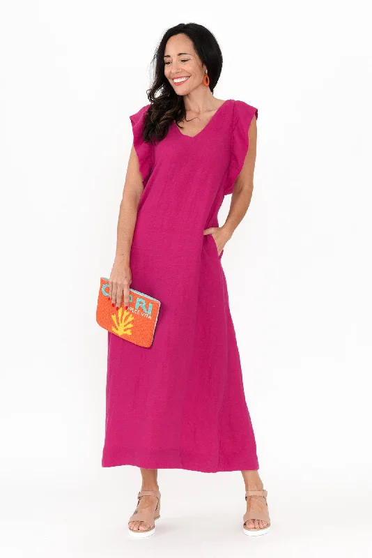 Long - Sleeve Women Dress in Velvet for a Luxurious Winter LookMatilda Hot Pink Pink Linen Dress