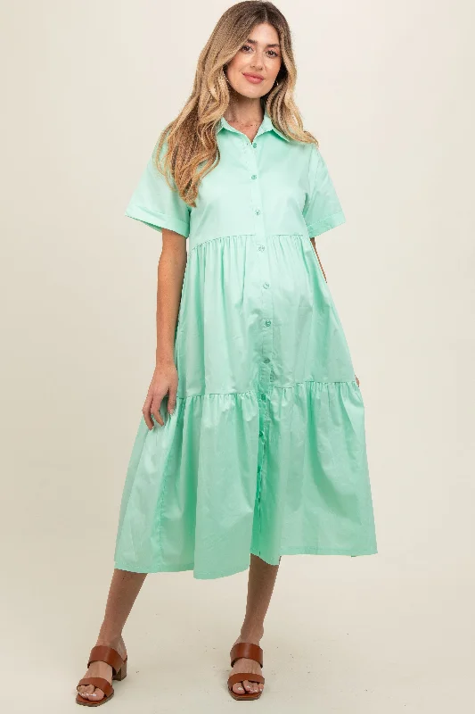 Long - Sleeve Women Dress in Velvet for a Luxurious Winter LookMint Green Tiered Button Down Maternity Midi Dress