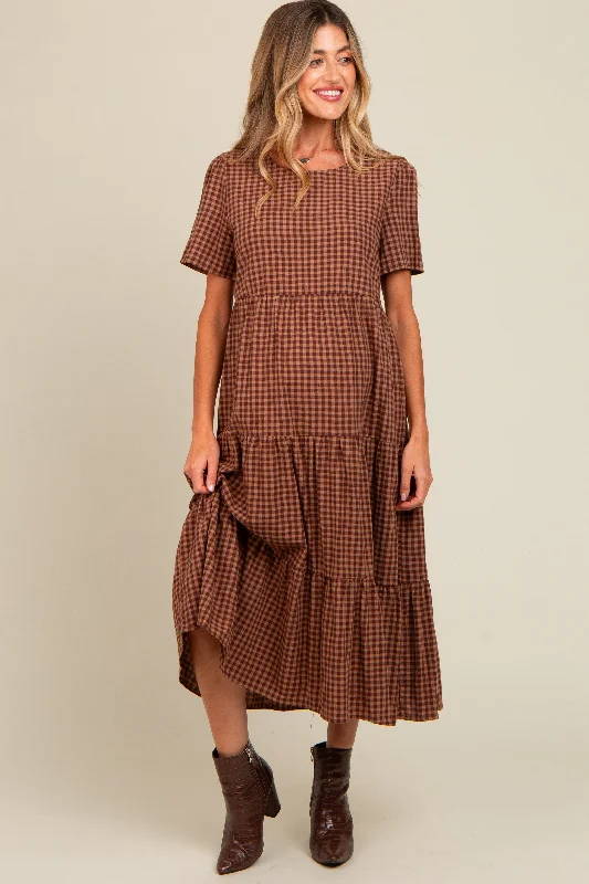 Shift Women Dress with a Simple and Classic Design for Everyday WearMocha Gingham Tiered Maternity Midi Dress