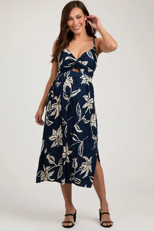 Sheath Women Dress with a Tailored Fit for a Professional LookNavy Blue Floral Front Twist Maternity Midi Dress