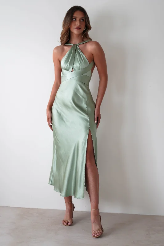 Ruffled Women Dress with Multiple Layers for a Playful and Girly StyleOlivia Soft Satin Midi Dress | Sage