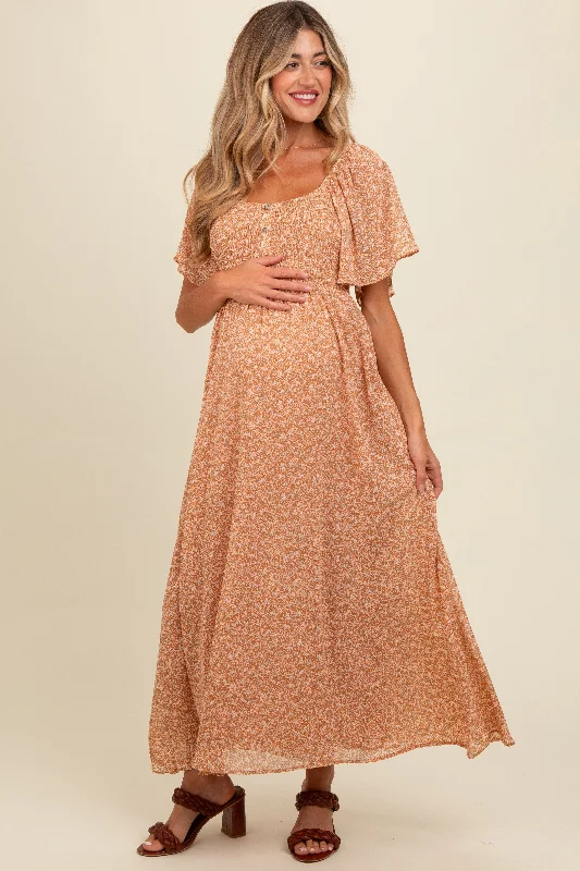 Ball Gown Women Dress with a Full Skirt for a Princess - like LookPeach Floral Smocked Button Accent Maternity Maxi Dress