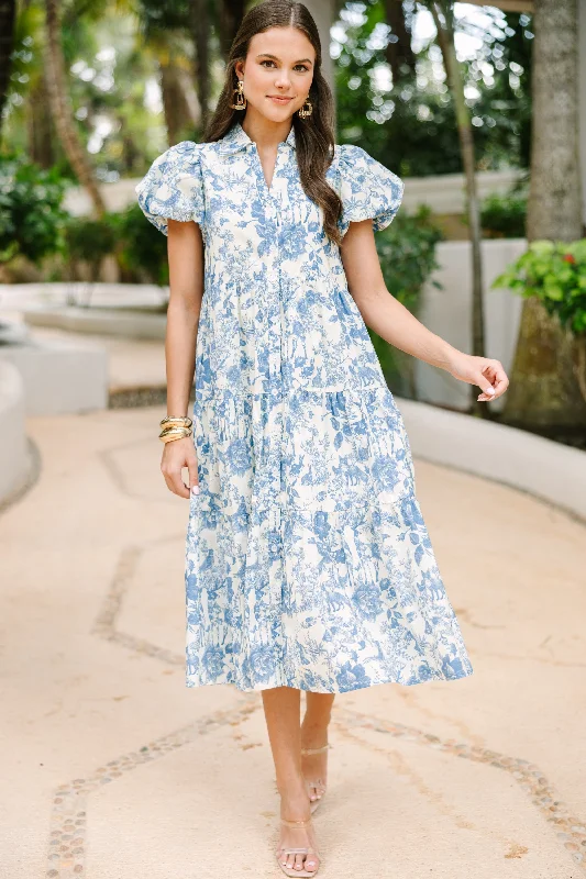 Pleated Women Dress with a Timeless and Elegant TexturePerfect For You Blue Toile Button Down Midi Dress