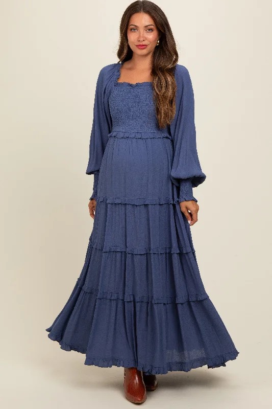 Ball Gown Women Dress with a Full Skirt for a Princess - like LookPeriwinkle Smocked Long Sleeve Ruffle Tiered Maternity Maxi Dress