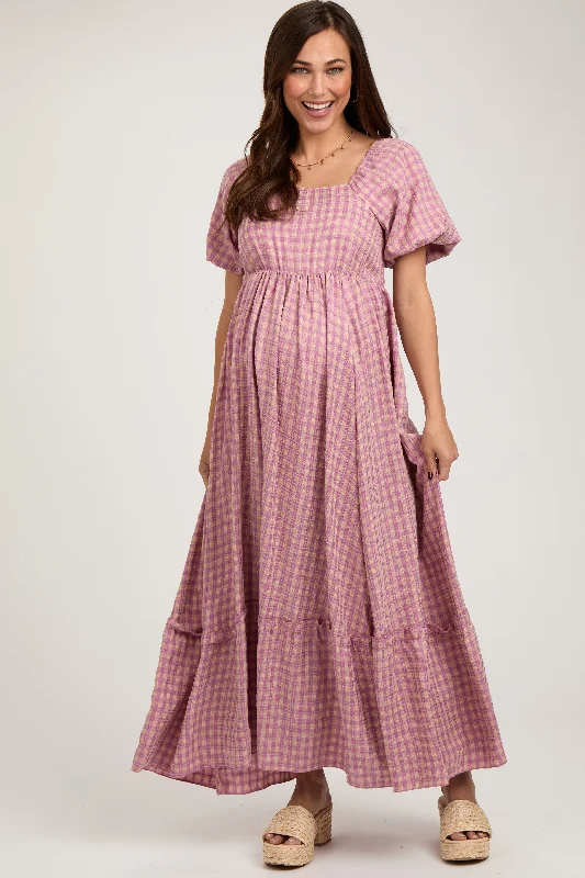 Backless Women Dress for a Sexy and Alluring Look at Evening EventsPink Plaid Puff Sleeve Maternity Maxi Dress