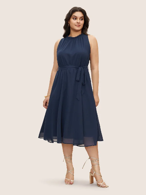 Halter Neck Women Dress to Show Off the Shoulders and NecklinePlain Sleeveless Frill Trim Pocket Belted Mock Neck Dress