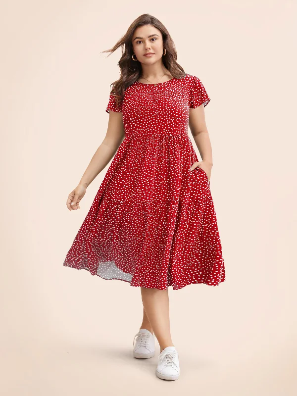 Ball Gown Women Dress with a Full Skirt for a Princess - like LookPolka Dot Pocket Cap Sleeve Gathered  Layered Dress