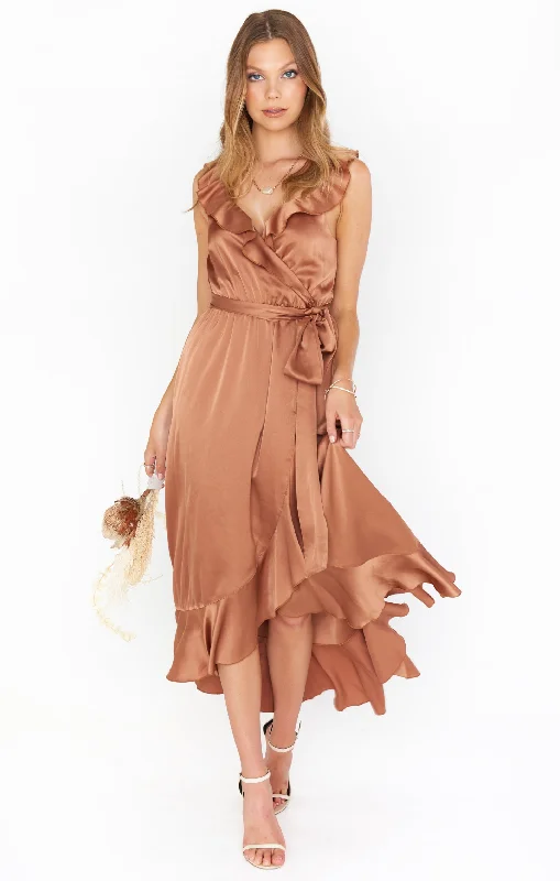 Maxi Women Dress with Floral Print for a Bohemian VibeSamantha Ruffle Wrap Dress ~ Copper Luxe Satin