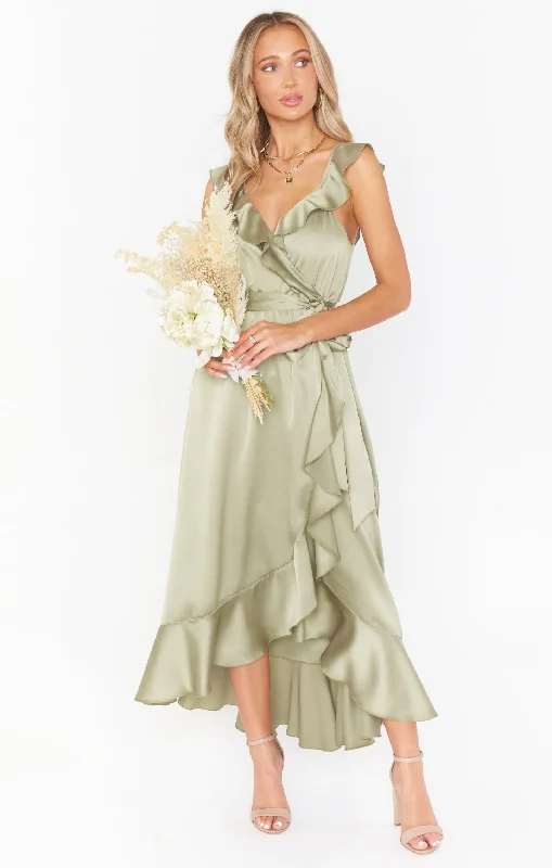 Ruffled Women Dress with Multiple Layers for a Playful and Girly StyleSamantha Ruffle Wrap Dress ~ Moss Green Luxe Satin