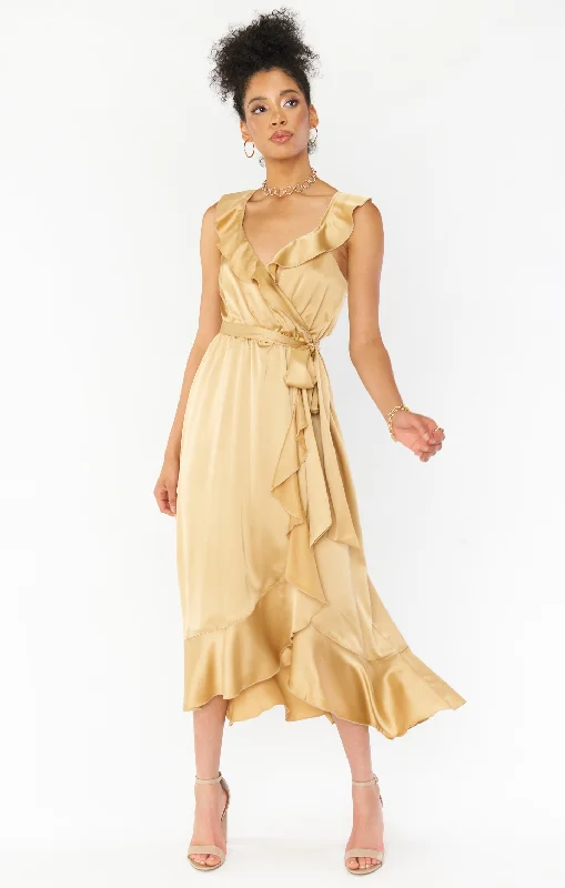 Pleated Women Dress with a Timeless and Elegant TextureSamantha Ruffle Wrap Dress ~ True Gold Luxe Satin