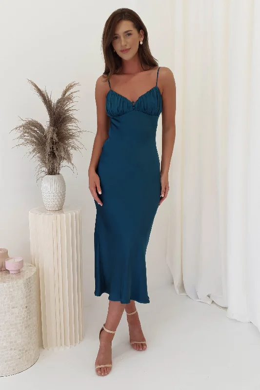 Backless Women Dress for a Sexy and Alluring Look at Evening EventsSara Satin Midi Dress | Teal