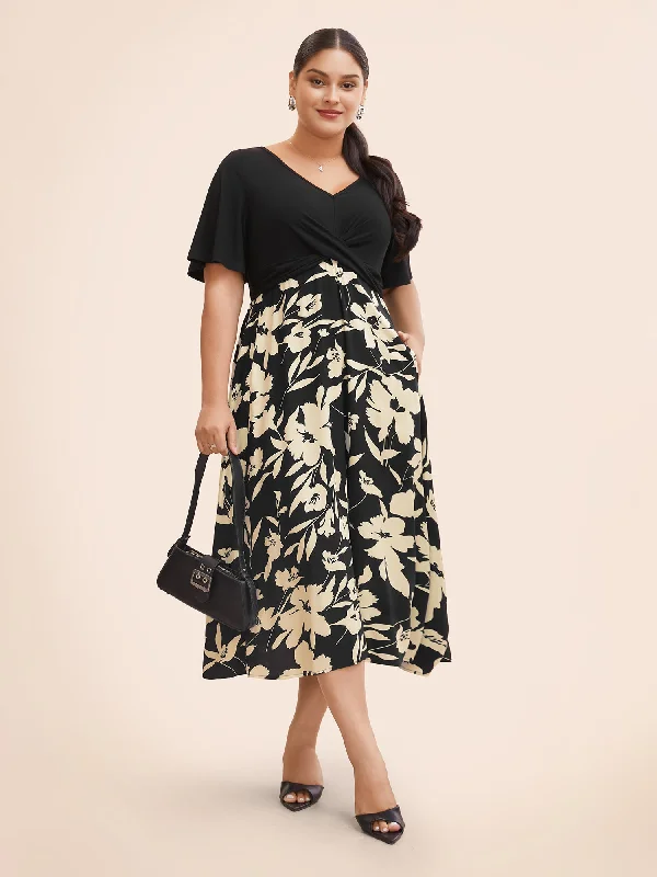 Long - Sleeve Women Dress in Velvet for a Luxurious Winter LookSilhouette Floral Print Patchwork Crossover Pocket Dress