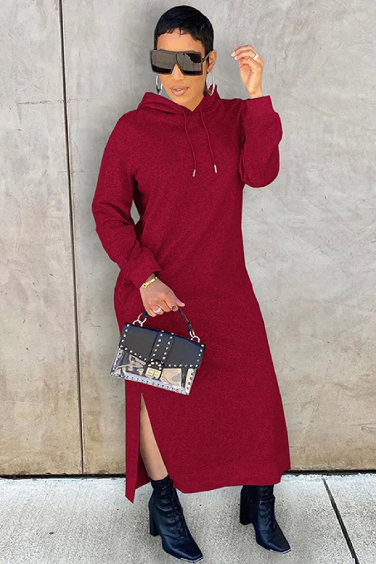 Mini Women Dress with a Short Hem for a Young and Trendy StyleSolid Slit Hem Hoodie Dress