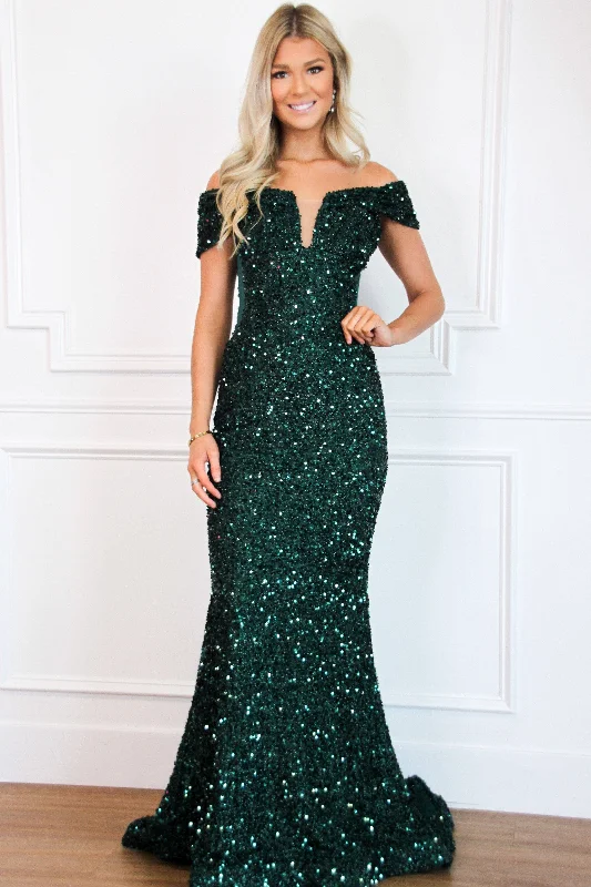 Sheath Women Dress with a Tailored Fit for a Professional LookStardust Sequin Off Shoulder Formal Dress: Emerald