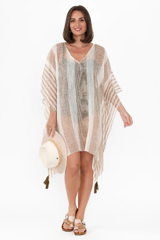 Wrap - Style Women Dress with Adjustable Fit for All Body TypesStella Taupe Stripe Cotton Kaftan