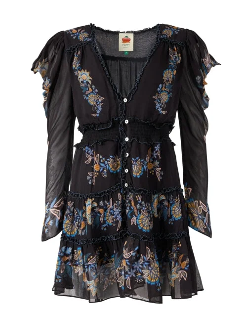 Ruffled Women Dress with Multiple Layers for a Playful and Girly StyleBlack Floral Embroidered Ruffle Dress