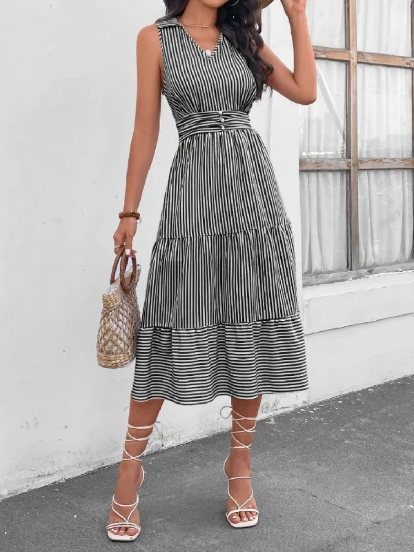 Lace - Embellished Women Dress for an Elegant and Sophisticated AppearanceStriped Johnny Collar Sleeveless Midi Dress